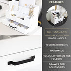 BLU MONACO White Wooden Desk Organizer With Drawer | Desktop Storage With Drawers | Multi-Compartment Desk Caddy for Home Office | 5.7”D x 12.9”W x 9”H Tabletop Accessory Holder