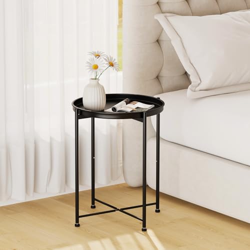 Garden 4 you Small Side Table, Mini Round End Table, Tray Table with Metal Frame, Modern Nightstand for Living Room, Bedroom, Patio, Small Space, Black - color: Black, size: 1 PCS