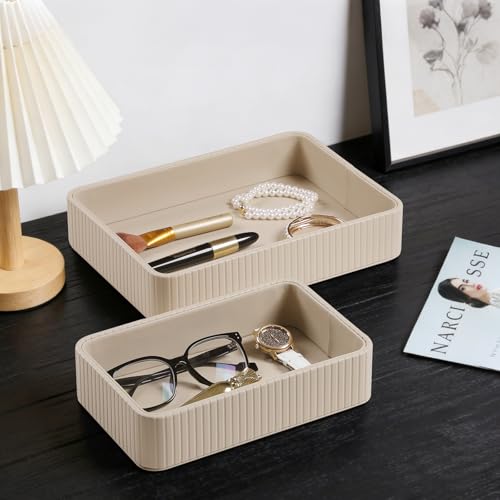Desk Organizer Tray, PU Leather Nightstand Organizer Perfume Valet Tray for Men Women, Decorative Vanity Trays Trinket Dish Key Bowl for Entryway Table (2pcs, Beige, Large+Small) - color: Beige, size: 11.5" x 8.3" x 2.2"& 9.5" x 6" x 2.2"