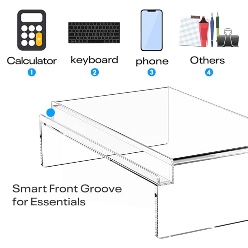 Crpich Clear Acrylic Monitor Stand Riser with Slot for Desk Accessories Organizer, Ergonomic Desktop Organizer for Computer, Laptop, Screen – Sleek & Durable Design for Office or Home