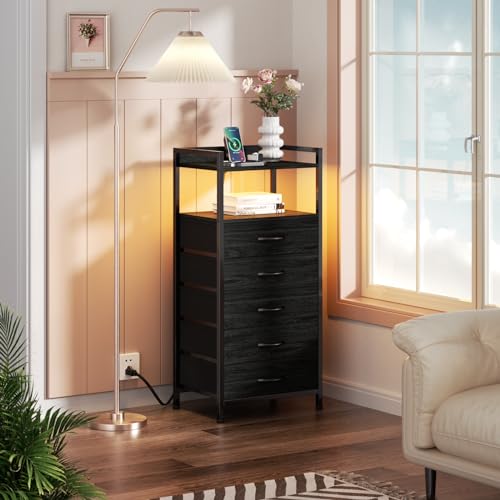 Furnulem Night Stand with Charging Station, Tall Black Dresser for Bedroom, Nightstand with Led Light, Bed Side Table for Living Room, Fabric Storage Drawer, Metal Frame, Wood Furniture - color: Black Oak, style: 5 Drawer