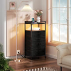 Furnulem Night Stand with Charging Station, Tall Black Dresser for Bedroom, Nightstand with Led Light, Bed Side Table for Living Room, Fabric Storage Drawer, Metal Frame, Wood Furniture - color: Black Oak, style: 5 Drawer