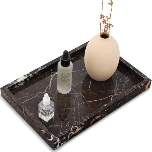 Real Natural Marble Tray for Bathroom, Vanity, Kitchen and Desktop, Rectangle Genuine Marble Stone Tray for Jewelry, Cosmetics, Candles, Lotion, Perfume and Home Decor Brown - color: Brown, size: 12" x 8" x 1.2"