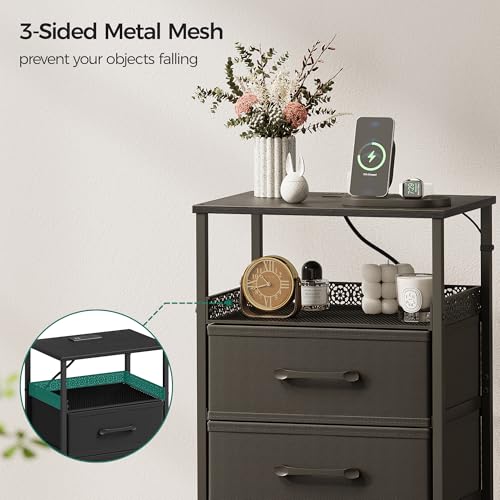 JARHETUN Night Stand Set 2 with Charging Station, 3 Drawer Nightstands with LED Lights, End Table with Outlets and USB Ports, Side Table with Open Shelf, Bedside Tables for Bedroom, Black - color: Black, style: Power & LED