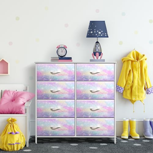 Sorbus Kids Dresser with 8 Drawers - Storage Chest Organizer Unit Nightstand - Steel Frame, Wood Top, Tie-Dye Fabric Bins for Clothes - Wide Furniture for Bedroom, Hallway, Nursery, Closet, Apartment - color: Rainbow Sparkle, style: 8-Drawer