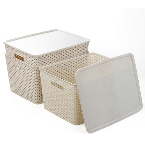BINO | Plastic Storage Baskets with Lids, 33 Liter - 3 Pack, Natural | THE WOVEN COLLECTION | Storage Basket for Shelves | Woven Storage Baskets for Organizing Bins | Pantry Shelf Organizer Bin - color: Natural, size: 33L | 3-Pack