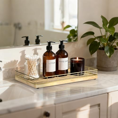 Large Bathroom Vanity Tray – 13" x 8" Oak Decorative Wooden Tray for Bathroom Countertop & Vanity Organizer, Wood Tray for Perfume Skincare Accessories Storage Vanity Dresser Decor Gold & Natural Oak - color: Natural, size: 13" x 8" x 2"