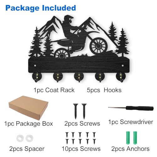 MAYJOYDIY Motorcycle Mountain Forest Coat Hooks, Wall Mounted 11.8x7.9in, 5 Alloy Hooks, Rust Resistant, Wooden Key Holder, Black, 35 Pound Weight Capacity - color: Motorcycle Mountain Forest