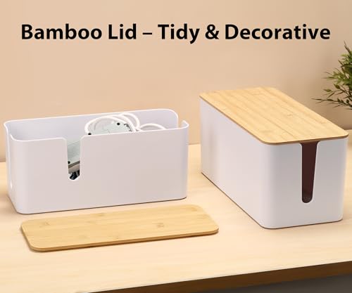 ZhiYo Bamboo Lid Cord Organizer Box, 2Pack Large Cable Management Box, Safe ABS Wire Organizer for TV and Computer, Wood Cover Cord Hider to Hide Wires, USB Hub & Under Desk Power Strip, White - color: White, size: XL + L