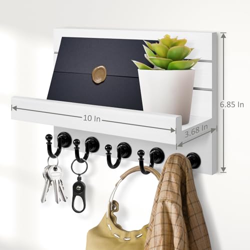HONJIN Key Holder for Wall: Easy Installation Mail Organizer Wall Mount Hanging Key Rack for Kitchen and Entryway Decor with 5 Sturdy Key Hooks (White) - color: White
