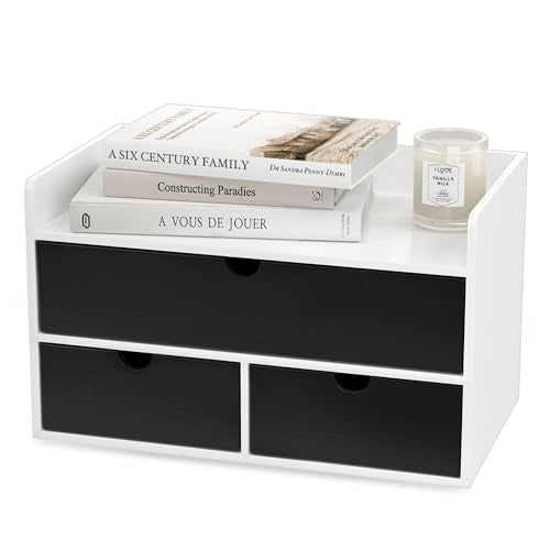 Wisuce Desk Organizer with Drawers - White-Black Bamboo Desktop Organizer Storage | Wood Desk Drawers Organizer for Bills, Office Supplies, Cosmetics, Seals No Assembled - color: White-Black, size: 13”L x 6.6”W x7.87”H