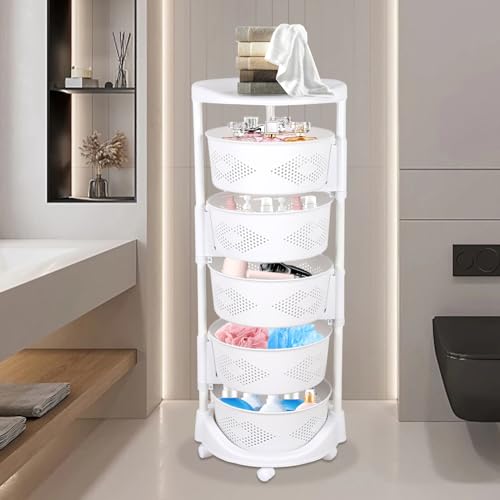 5 Tier Round Rotating Multi-Layer Kitchen Storage Shelf, Fruit Vegetable Storage Basket with Lockable Casters for Living Room Kitchen Home (White)