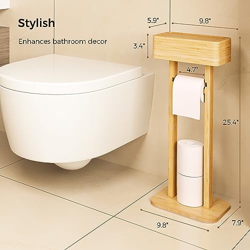 Wealone 4-in-1 Toilet Paper Holder Stand with Storage Shelf Box, 360° Rotating Bamboo Free Standing Toilet Tissue Roll, Toilet Wipes Dispenser Organizer Desktop for Bathroom Decor (Patented) - color: Natural