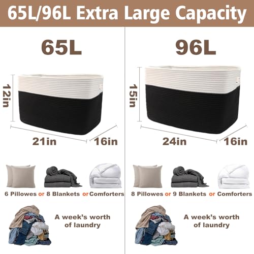 JMvicyroam Woven Blanket Basket,65L Large Storage Bin for Blankets Toys Clothes,Decorative Rope Basket for Living Room Bedroom with Handles, White&Black - color: White&Black, size: 65L