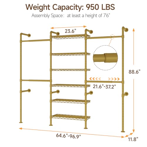 ONBRILL H3 Wall Mounted Closet System, Expandable Industrial Pipe Clothes Rack Clothing Rack for Hanging Clothes, Heavy Duty Closet Organizers and Storage in Wardrobe Closet, Gold - color: Gold