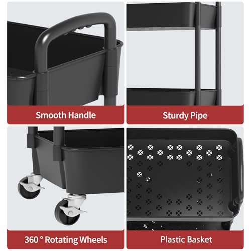 Sywhitta 4-Tier Plastic Rolling Utility Cart with Handle, Multi-Functional Storage Trolley for Office, Living Room, Kitchen, Movable Storage Organizer with Wheels, Black - color: Black, size: 4-tier