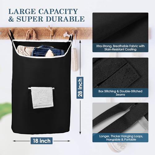 The Fine Living Co. Large Hanging Laundry Hamper with Over Door Hooks & Adhesive, Durable Space Saving Laundry Bag with Zipper and Wide Open Top, Hanging Dorm Laundry Hamper 18"x4.75"x28" (Black-L) - color: Black-L, size: Large
