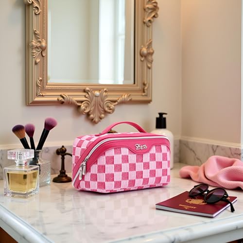 BOYATU Travel Makeup Bag for Women: Large Cosmetic Bag Set of 3 - PU Leather Make up Bag with Compartments - Compact Waterproof Toiletry Bag with Divider & Handle (D-4-Red) - color: D-4-Red