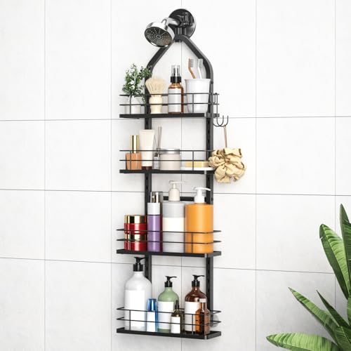 Shower Caddy Hanging (Black), Adjustable Anti-Swing-Over The Shower Head Caddy, 4 Tier Height Bathroom Storage Organizer Bathroom Shelves Basket Rack Shower Caddies (4Tier) - color: black, size: 4tiers