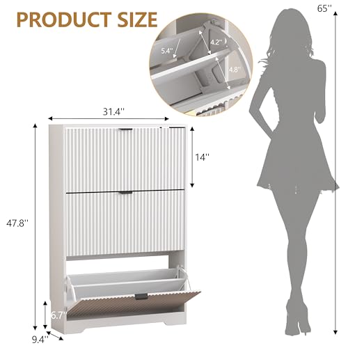 HUANLEGO Shoe Cabinet Storage for Entryway with 3 Flip Drawers, White Fluted Shoe Cabinet with Adjustable Shelves, Wooden Hidden Shoe Rack Freestanding Narrow Slim Shoes Storage for Hallway, Entrance - color: White, size: 3 Drawer