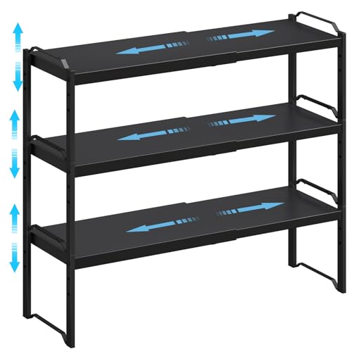 25.5 Inches 3 Pack Expandable Cabinet Shelves, Stackable Shelf Organizer For Kitchen Cabinet Countertop Storage, Adjustable Counter Cupboard Pantry Organizer Shelf Rack Stand Riser, Black - color: Black, size: 3 Pack: 15.5"-25.5"L