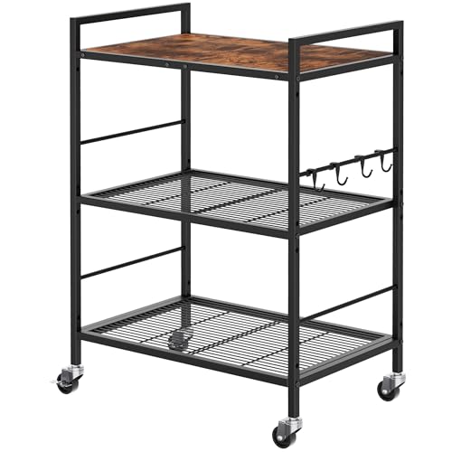 3-Tier Metal Storage Rack with Industrial Wheels,Mesh Shelving Unit with Wooden Table top,Adjustable Shelf,23.6-Inch Width,15.8-Inch Depth, for Kitchen, Laundry,Pantry,Plant,Black - color: Brown Panel, size: 3 Tier (23.6"W x 15.8"D)