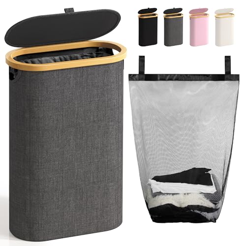 Slim Laundry Hamper with Lid, 60L Small Laundry Basket with Handles&Removable Bag, Thin Dirty Clothes Hampers for Laundry, Narrow Laundry Hampers for Bedroom Aesthetic, Dark Grey - color: Dark Grey, size: 60L