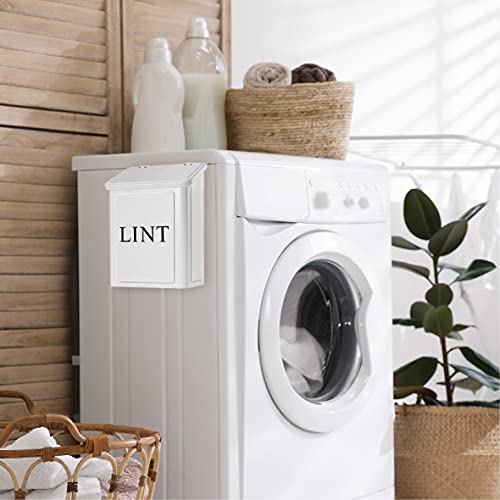 Calindiana Modern Farmhouse Metal Magnetic Lint Bin for Laundry Room Decor and Accessories with Lid and Laundry Room Organization and Storage Wall Mount Space Saving Washer and Dryer Trash Can, White - color: WHITE
