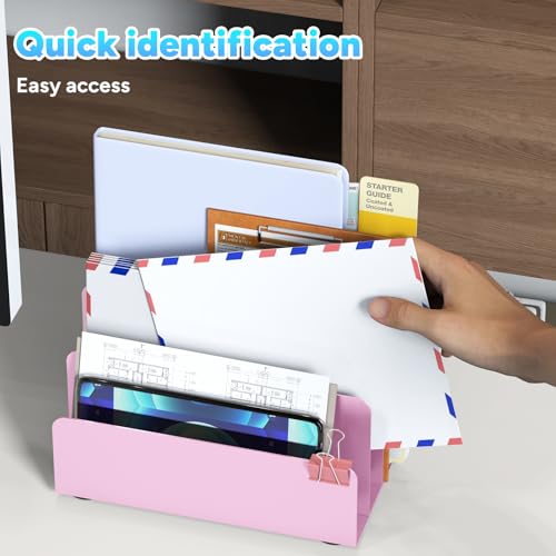 Mail Organizer Countertop, Small Desk File Organizer, Metal File Holder - Essential Workspace Organizers for Office Desk, Home Office (Pink) - color: Pink