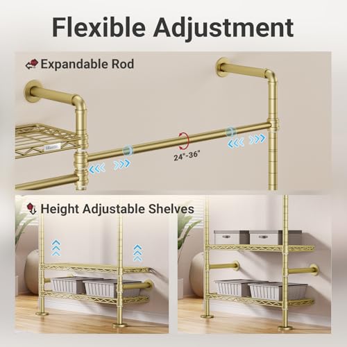Timate L2 Wall Mounted Clothes Rack Industrial Pipe Clothing Rack for Hanging Clothes, Adjustable Expandable Garment Rack Heavy Duty Closet Organizer, Gold Mounted Closets Industrial Closet System - color: Gold