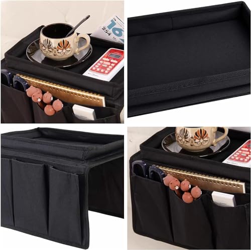 Sofa Armrest Organizer with Cup Holder No-Slip Couch Sofa Armrest Organiser Couch Remote Caddy Control Holder with 1 Large Pockets and 3 Small Pockets for TV Remotes Cellphone Magazines Drinks (Black) - color: Black