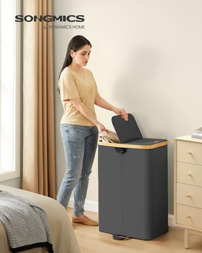 SONGMICS Laundry Hamper with Lids, Laundry Basket with 2 Compartments, 39 Gal. (150 L), Removable Liner Bag, for Laundry Room, Bedroom, Living Room, Ink Black and Light Bamboo ULCB523B01 - color: Ink Black, size: 150L (2-Section with Double Lid)