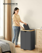 SONGMICS Laundry Hamper with Lids, Laundry Basket with 2 Compartments, 39 Gal. (150 L), Removable Liner Bag, for Laundry Room, Bedroom, Living Room, Ink Black and Light Bamboo ULCB523B01 - color: Ink Black, size: 150L (2-Section with Double Lid)
