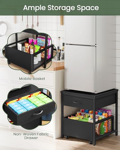 CHOEZON End Table, 19.7 Inch Square Side Table, Mini Fridge Stand with Storage, Nightstand with Mobile Basket Cart, for Living Room, Bedroom, Black TBZ55BB - color: Black