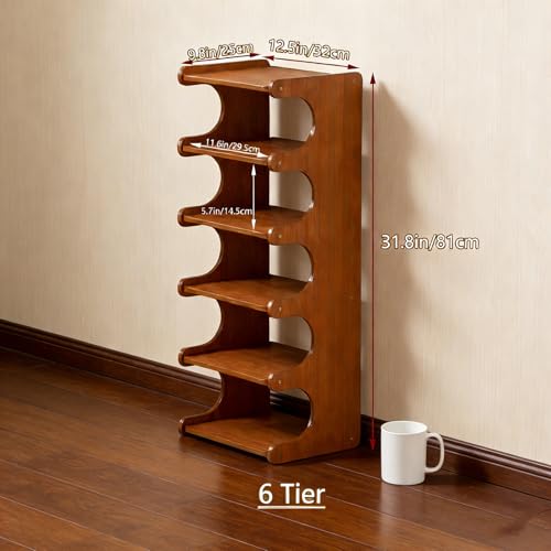 Tall Narrow Solid Wood Shoe Rack, 6 Tier Vertical Shoe Storage Tower, Freestanding Corner Organizer for Small Entryways, Slim Space-Saving Shoe Rack (12.6" L x 9.84" W x 32.1" H) - size: 6layers 32.1"H