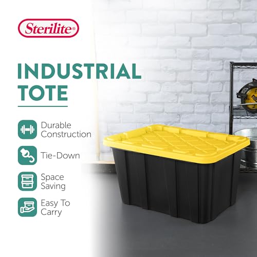 Sterilite 4-Pack 27 Gallon Industrial Storage Tote, Heavy-Duty Plastic Bins, Black/Yellow - Stackable Utility Organizers with Lids for Garage, Camping Tools, and Outdoor Gear - size: 27 Gallon - Black/Yellow