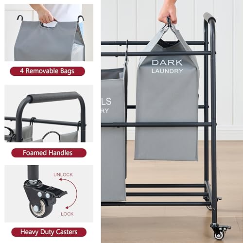 Tajsoon 4 Bag Laundry Sorter Cart, 4 Section Laundry Hamper Sorter with Heavy Duty Lockable Rolling Wheels, Laundry Separator Hamper with Removable Bags for Dirty Clothes Storage, Grey - color: Grey