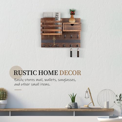 Nekon Key Holder Wall Mount, Rustic Mail and Keys Shelf for Wall Organization with 13 Hooks, Home Decor Accessory with Drawer, Brown - color: Brown