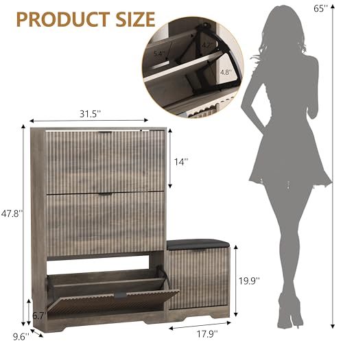HUANLEGO Shoe Cabinet Storage for Entryway with 4 Flip Drawers, Grey Fluted Shoe Cabinet with Bench, Wooden Hidden Shoe Rack Freestanding Narrow Slim Shoes Storage Organizer for Hallway, Entrance - color: Grey, size: 4 Drawer with Bench