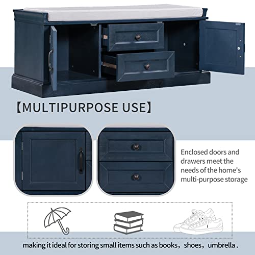 P PURLOVE Wood Entryway Storage Bench with 2 Cabinets and 2 Drawers, Wood Shoe Bench Storage Bench with Removable Cushion for BeadRoom,Hallway, Entryway,Assemble Required - color: Antique Navy, size: with 2 Drawers and 2 Cabinets