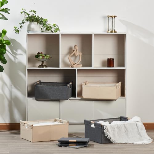 2PCS Storage Bins Cotton Linen Fabric Storage Boxes Basket with Wooden Handles Foldable Washable Decorative Shelf Container Clothes Organizer Home Laundry - Small Size, Gray - color: Gray, size: Small (Pack of 2)