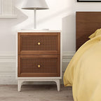 COZAYH Set of 2 Fully-Assembled 2-Drawer Woven Cane Front Accent Nightstand with Brass Knobs, Distressed White - color: Distressed White, style: 2 Drawer/2 pack