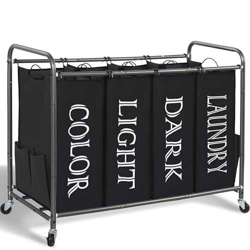 STORAGE MANIAC Laundry Sorter 4 Section, 47.8 Gal (181 L) Laundry Hamper with Wheels, Clothes Divider Basket Sorter, Clothes Separator Hamper Cart with Wheels and Removable Bags, Label Black - color: Lable Black, size: 4 Section