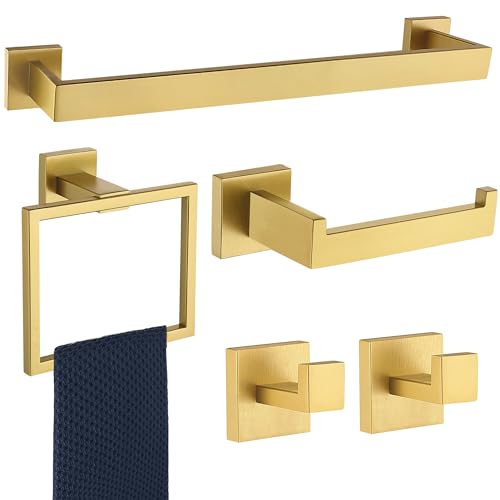 5 Pieces Bathroom Hardware Accessories Set Brushed Gold, 16Inch Bathroom Towel Rack Set SUS304 Stainless Steel, Square Bath Towel bar Set Heavy Duty, Wall Mounted - color: Brushed Gold, size: 16" 5pcs