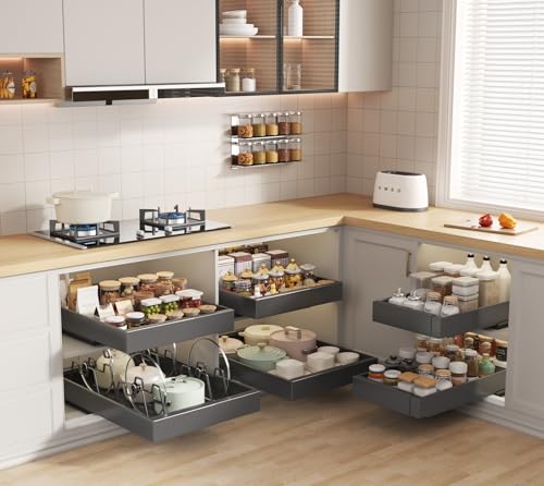 Seinloes 4 Pack Pull Out Cabinet Organizer 21" Deep with Raising Pad for Framed Cabinets, Expandable (9"-14" W) Slide Out Drawers for Kitchen Cabinets with 4pcs Divider Racks, Roll Out Shelves, Black - color: Black, size: 9"-14"W x 21"D(4Pack)