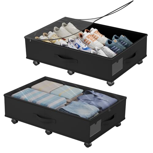 Babenest 2-Pack Under Bed Storage Organizer with Clear Zippered Lid, Foldable Rolling Underbed Drawers on 6 Wheels, Space Saving Clothes, Shoes, Toy Storage for Bedroom, Dorm, Closet - size: 2 Pack