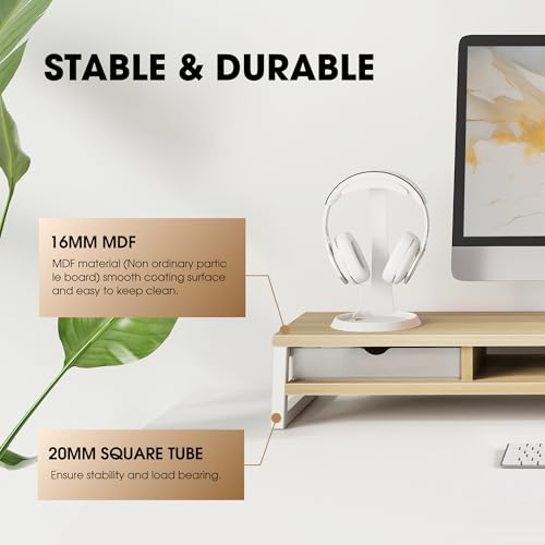 Fenge Dual Monitor Stand, Monitor Riser with Drawer, 42.5 Inch Large Computer Monitor Stand for 2 Monitors, 2 Tier Wooden Desk Shelf for Top of Desk - color: Oak