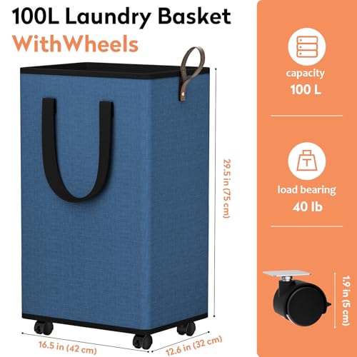 SpaceTrove Laundry Basket with Wheels, Collapsible Laundry Baskets, Laundry Hamper with Handles Detachable Wheels, Rolling Laundry Basket, Dirty Clothes Hamper for Bathroom, Dorm, Bedroom, Navy, 100L - color: Navy, size: 100L
