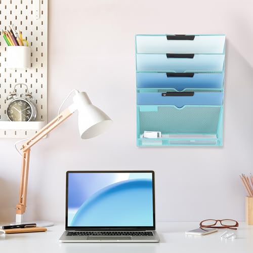 EASEPRES 6 Tier Mesh Hanging Wall File Organizer, Desk Vertical Mail Paper Document Folder Holder Rack with Bottom Tray and Nametag Label for Office Home School, Blue - color: Blue, size: 6 Tier