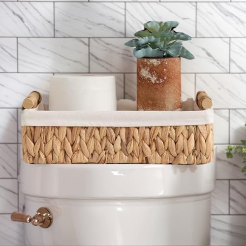Set of 2 Water Hyacinth Bathroom Basket Organizers with Liner, Wicker Storage Baskets for Shelves, Bathroom Counter & Vanity, Wooden Handles for Towels & Toiletries - color: Water Hyacinth